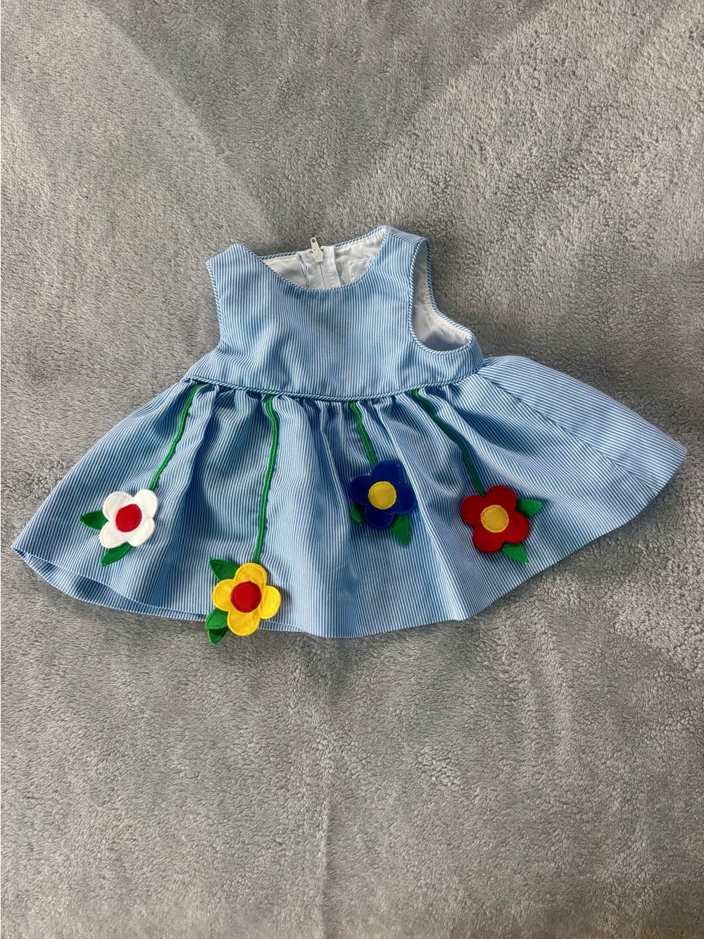Florence Eiseman  Blue Striped Baby Dress with Colorful Felt Flowers